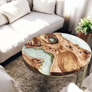 Handmade Epoxy Wood Table – Live Edge Round Coffee Table, C Table for Living Room