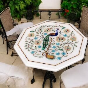 White Marble Inlay Coffee Table – Floral Peacock Design Marquetry Fine Art