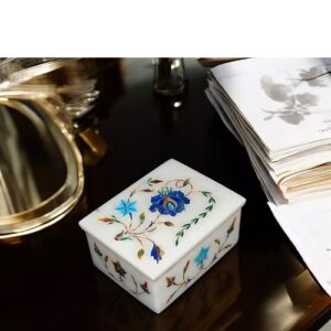 White Marble Jewelry Box Rectangle Shape Floral Inlay Design