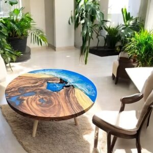 Ocean-Inspired Blue Epoxy Coffee Table – Handmade Round Live Edge Acacia Wood
