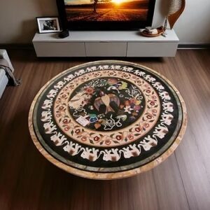 Marble Round Coffee Table Antique Floral Mosaic Inlay Stone Multi-Purpose Use Home Furniture