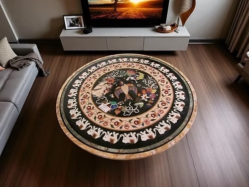 Marble Round Coffee Table Antique Floral Mosaic Inlay Stone Multi-Purpose Use Home Furniture