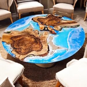 Round Blue Resin Coffee Table – Handmade Acacia Wood, Custom Made Epoxy Furniture, Ocean Beach Design