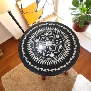 Black Marble Round Coffee Table – Luxury Mother of Pearl Inlay Stone