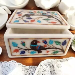 Handcrafted White Marble Jewelry Box with Pietradura Floral Bird Inlay Design
