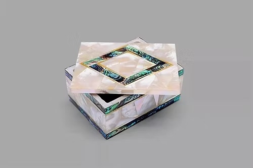 Handmade Trinket Jewelry Box Mother Of Pearl & Abalone Shell Mosaic Art Decor